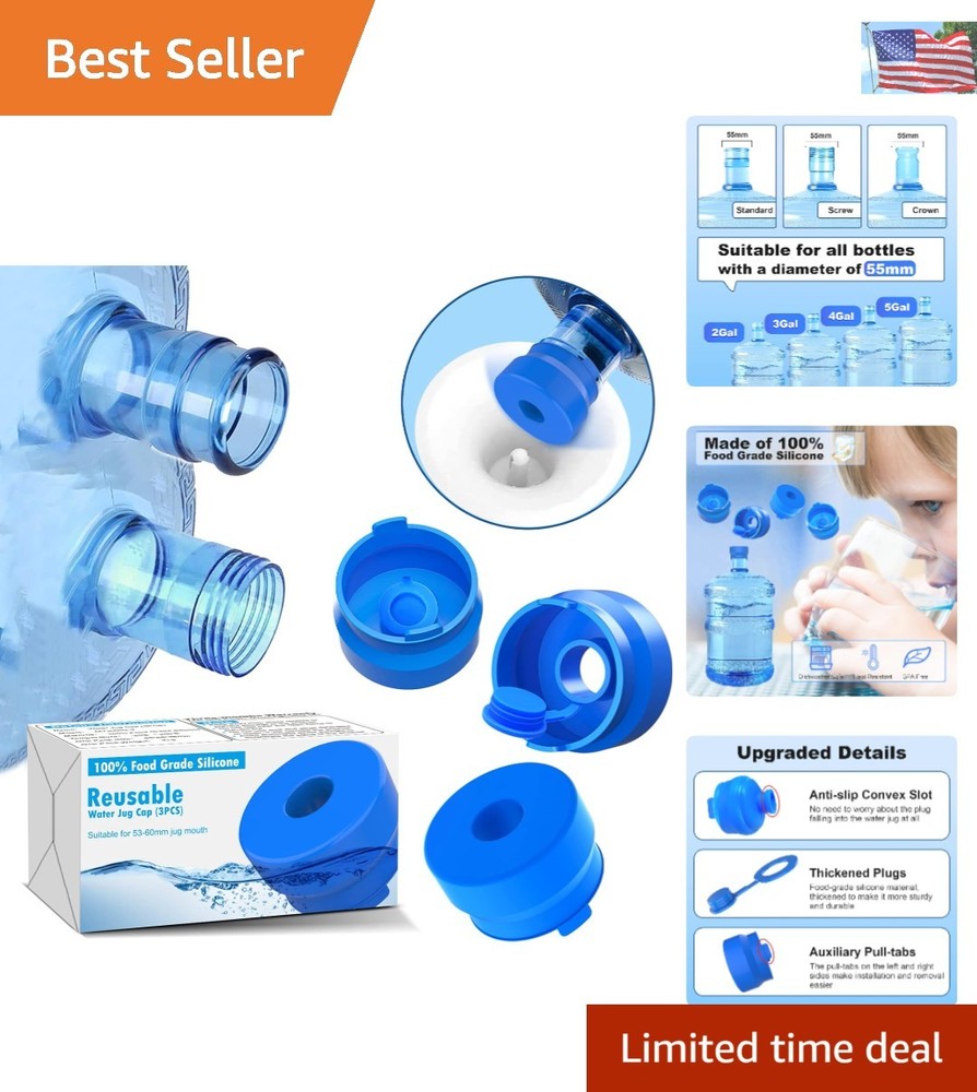 Durable 3-Pack Water Jug Caps, Leak-Proof Silicone Fits Standard 55mm Tops