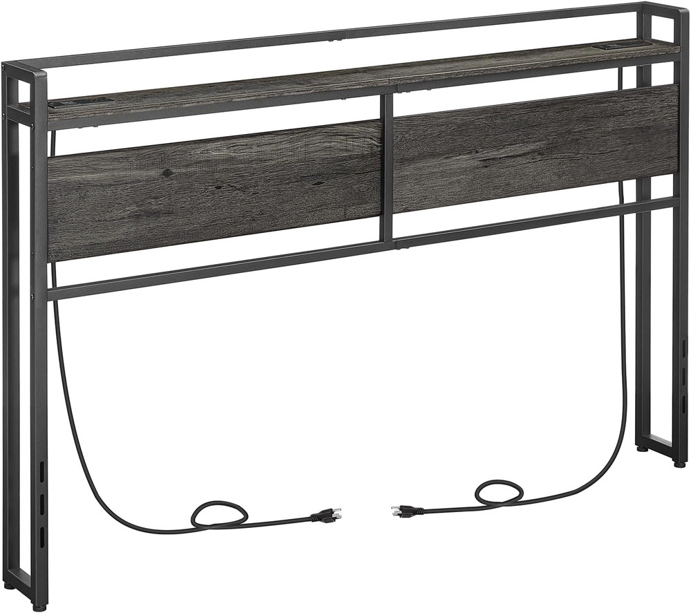 Queen Size Headboard with USB Ports, Adjustable Height & Storage Rack - Charcoal