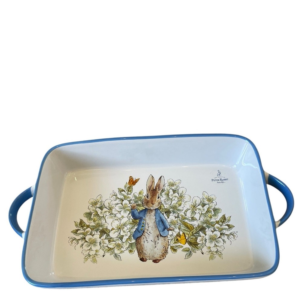 Beatrix Potter Peter Rabbit Rectangular Ceramic Baker Blue Rim Easter NEW