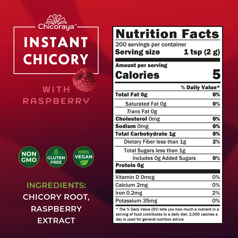 CHICORAYA Coffee Alternative Beverage Blend Chicory Root Powder 14.1oz Raspberry