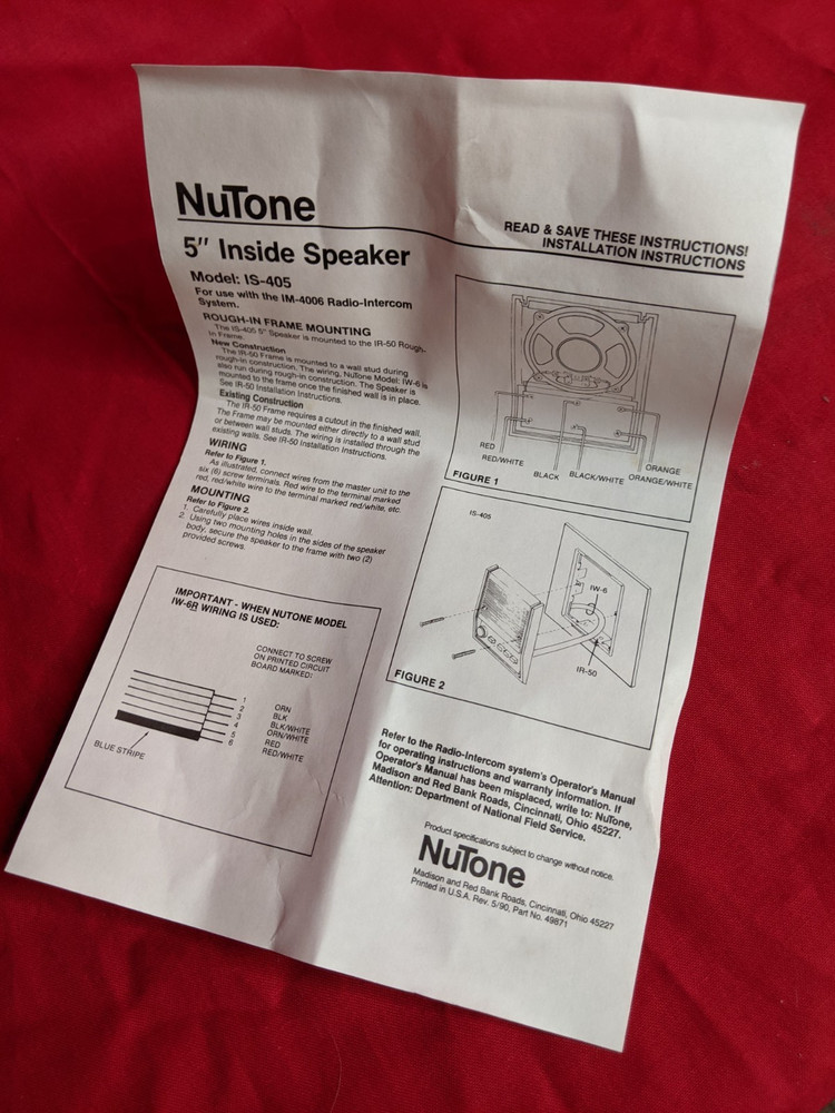 NuTone IS-405WH 5" Inside Speaker for IM-4006 Intercom System White