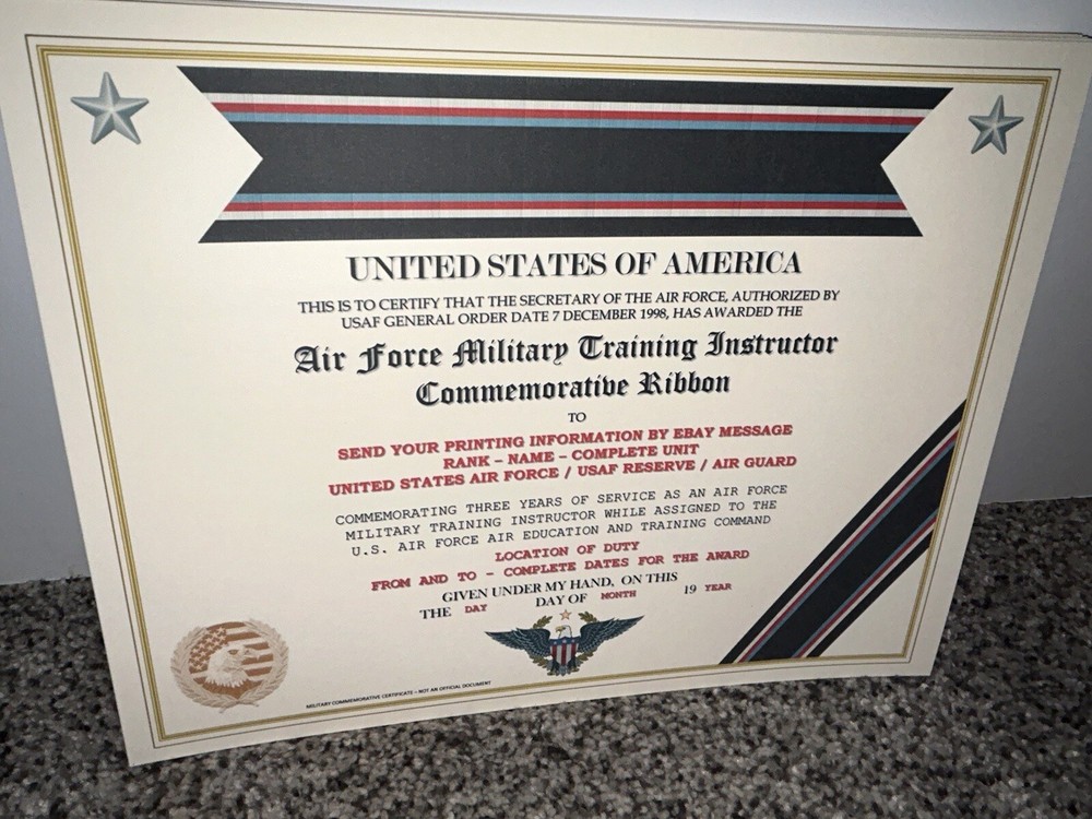 U.S. AIR FORCE TRAINING INSTRUCTOR COMMEMORATIVE CERTIFICATE ~ W/PRINTING TYPE-1