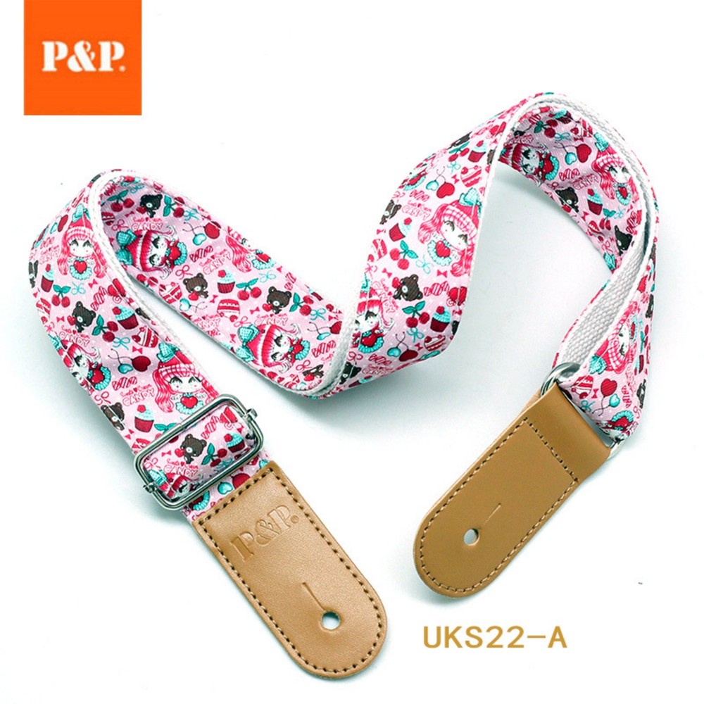 Ukulele Strap Adjustable Cartoon Cotton Strap with Leather Ends