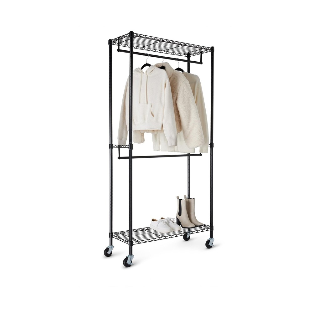 Amazon Basics Adjustable Double Rod Rolling Garment Rack, Hangi... USA FAST SHIP