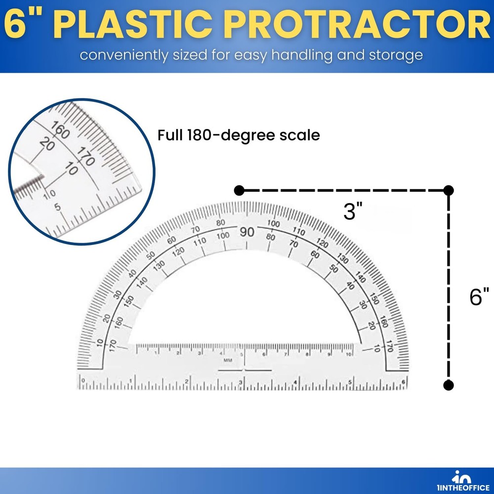 6 Pack 6 Inch Plastic Protractor for Geometry Clear Protractor 180 Degrees