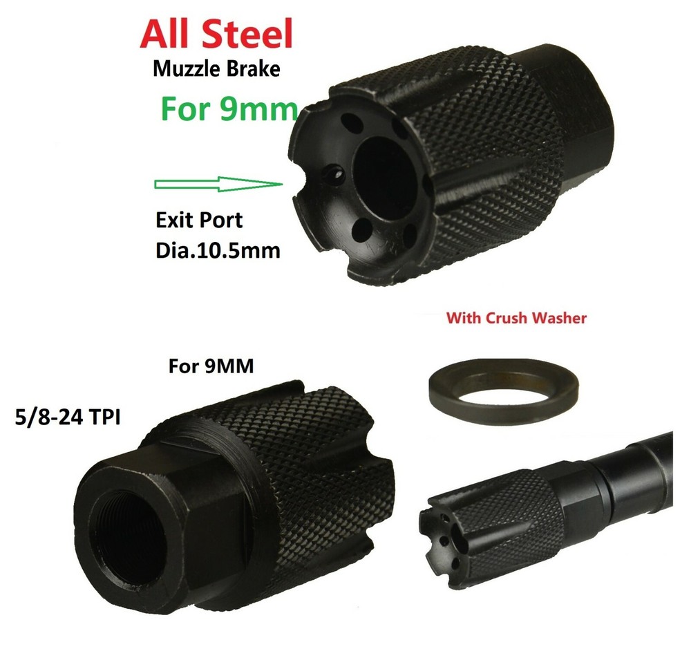 All Steel Low Concussion 5/8x24 Thread Muzzle Brake Compensator For 9mm 9 mm