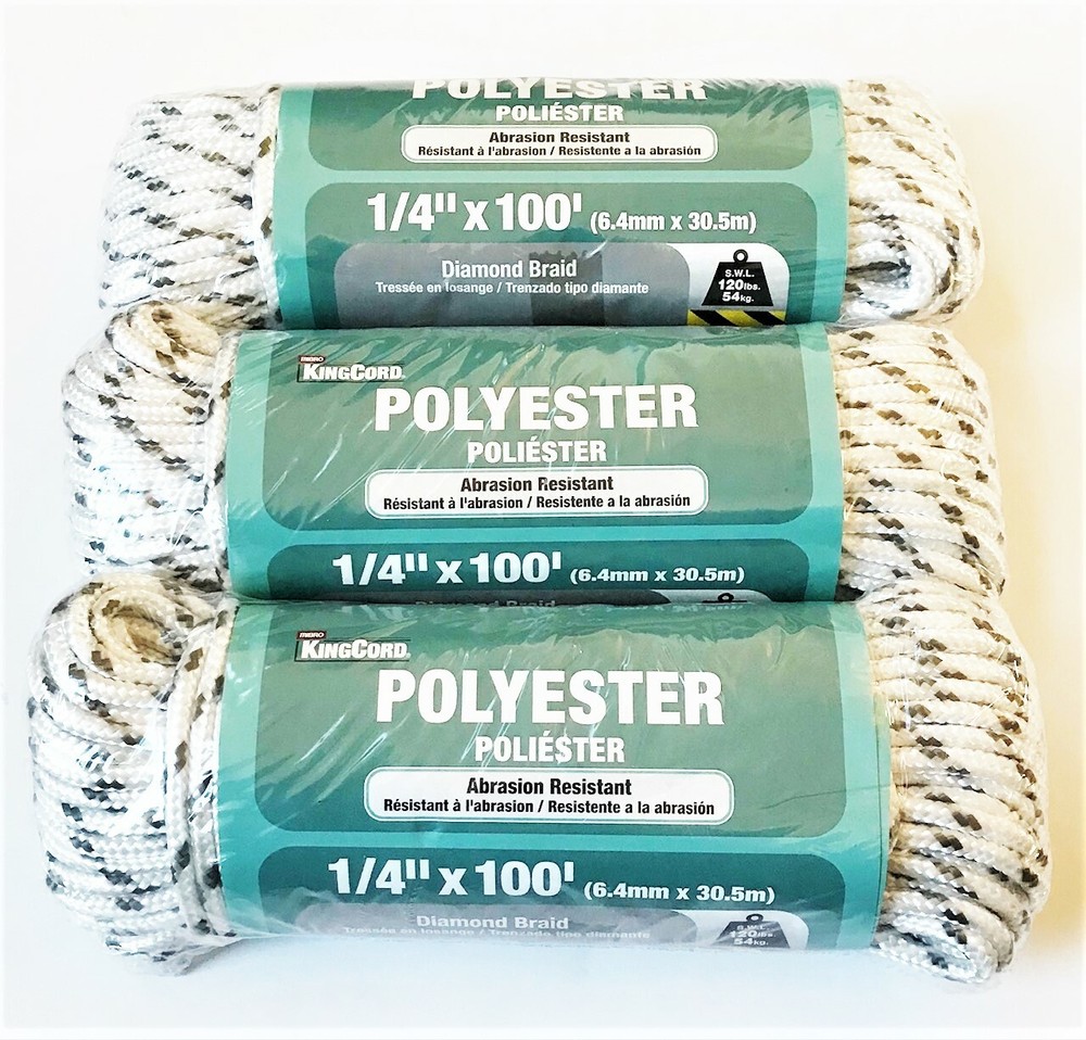 3 KINGCORD 1/4" X 100" DIAMOND BRAID POLYESTER GRAY/WHITE PULL STARTER ROPE