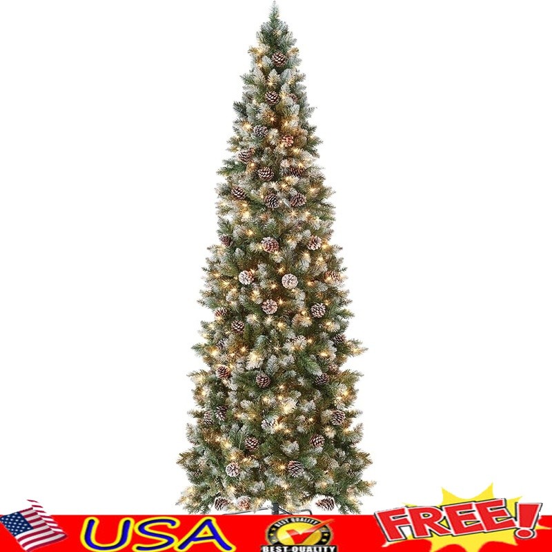 Prelit Flocked Christmas Tree Slim Profile Space Saving Pinecones Winter Decor