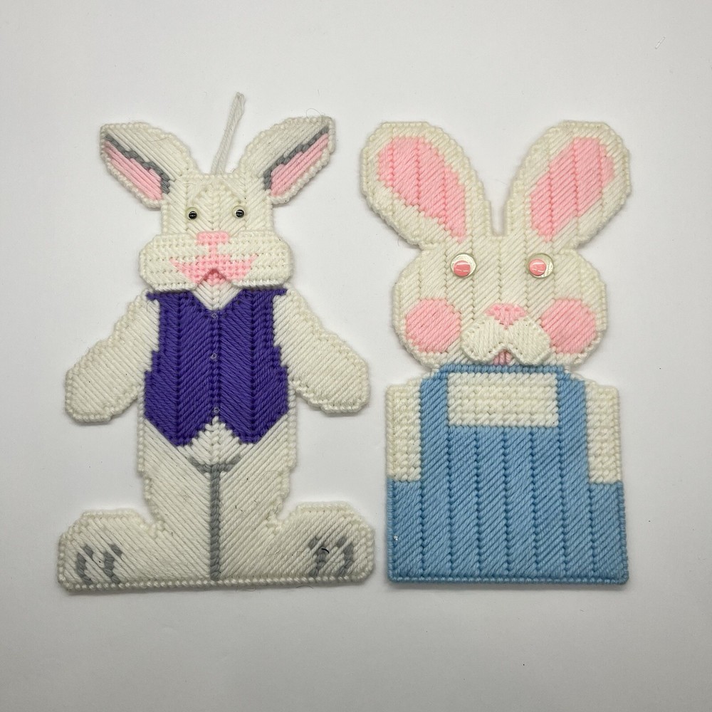Easter Bunny Set Happy Easter Plastic Canvas Needlepoint Kitchy Decor