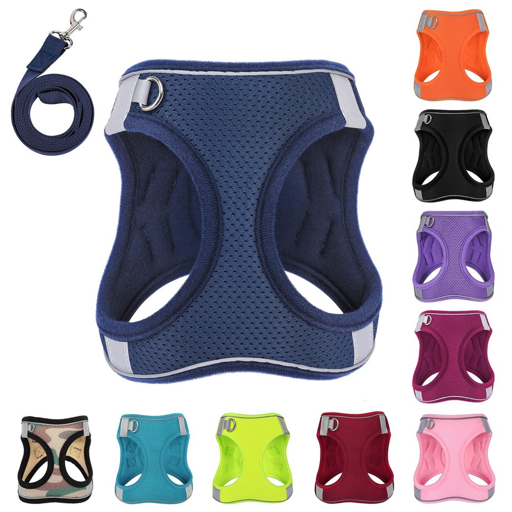 Dog Harness Leash Set No-Pull Step-in Reflective Padded Dark Blue Medium