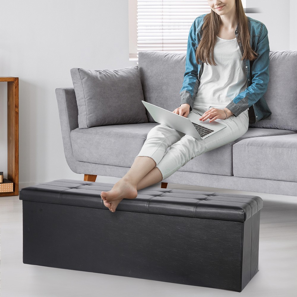 Black Folding Storage Ottoman Bench Storage Stools Footrest for Home Storage Use