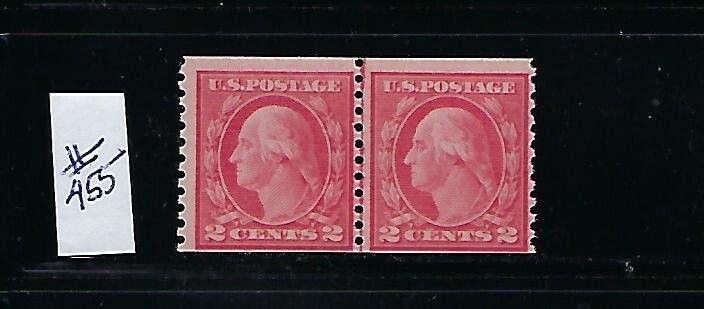 US #455 1914 COIL PERF 10 (VERTICAL JOINT LINE PAIR ) 2 CENT MINT NEVER HINGED