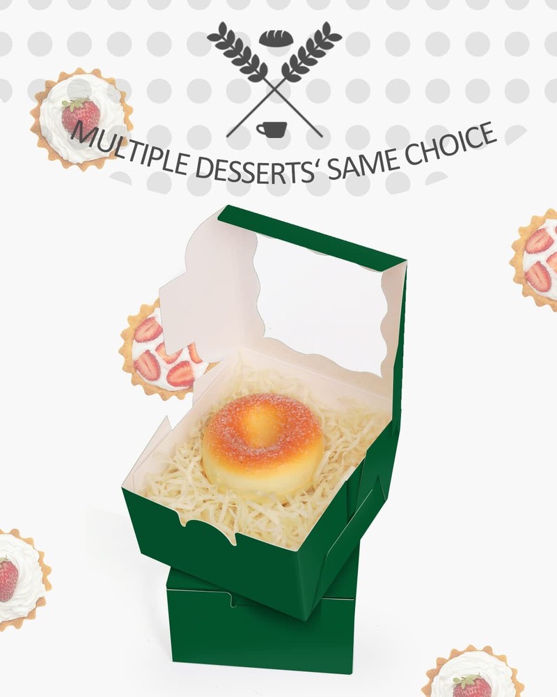 Deep Green Bakery Boxes with Window 55pcs 4x4x2.5" Mini Cookie Macaron Boxes