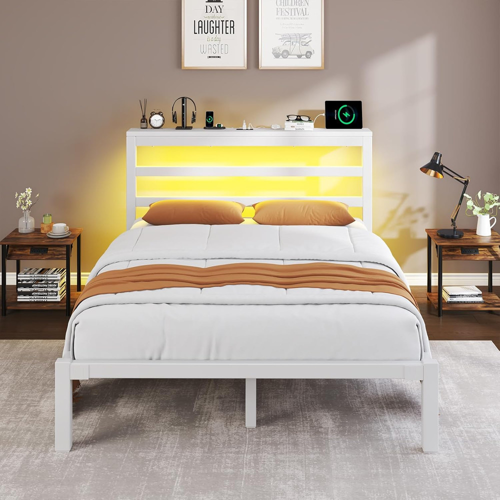 Full Size Bed Frame with Storage Headboard, Industrial Platform Bed with Chargin