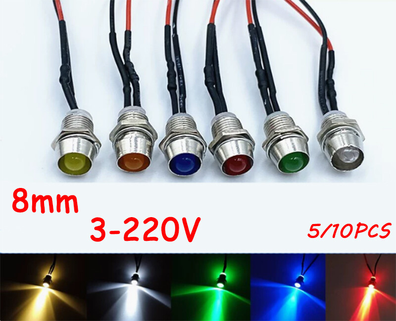 8mm LED Lndicator Warning Signal Light Thread Metal 3V-220V Panel Mount