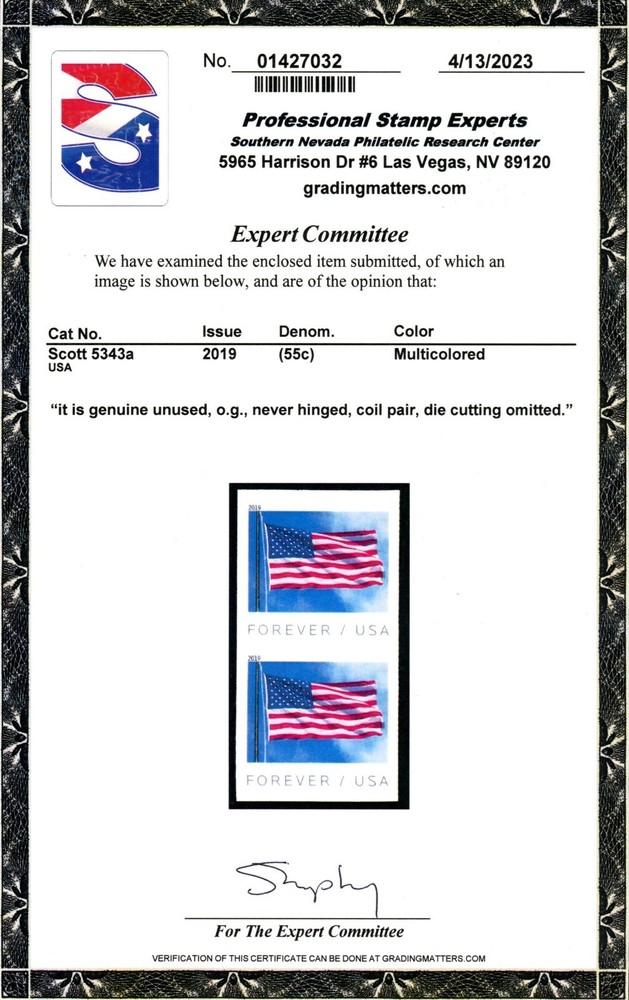 IMPERFORATE ERROR Coil Pair Scott #5343a, 2019 (55c) Forever Flag w/PSE Cert