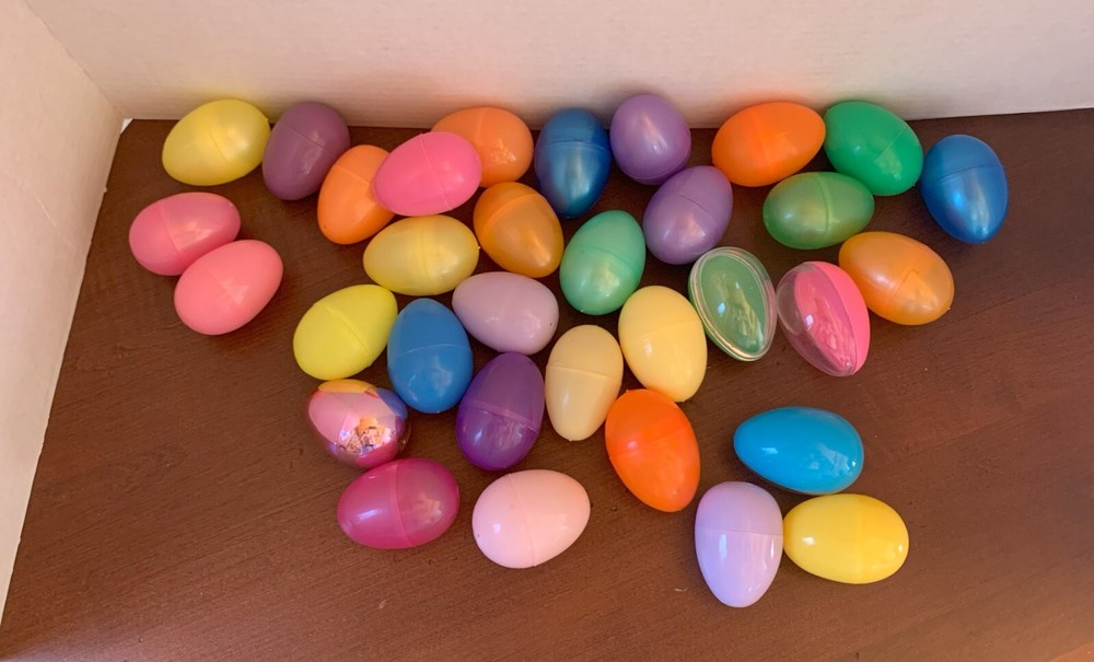 45 Assorted Plastic Easter Eggs: 33 (~2") & 11 (~3" ) & Egg Full of Bunnies