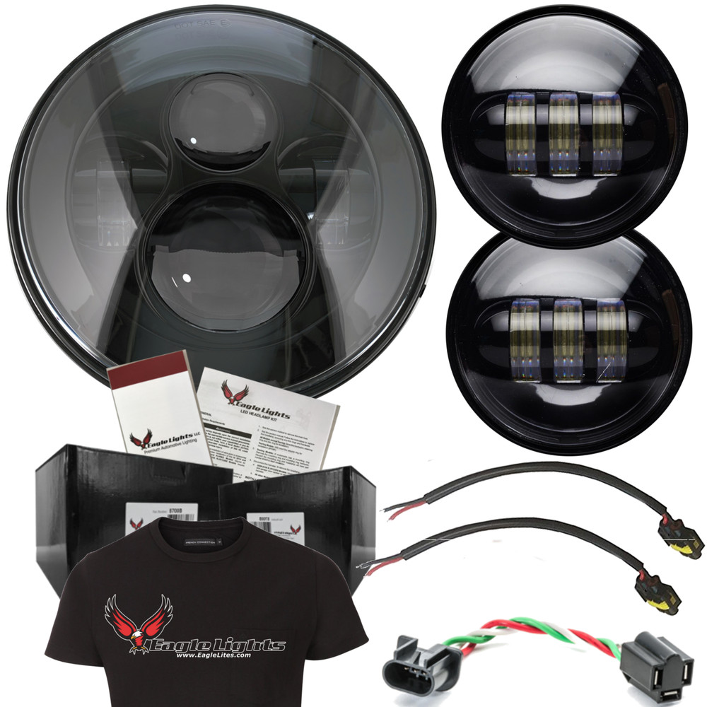 Eagle Lights Black 7" LED Headlight & Passing Light Kit Harley replacement