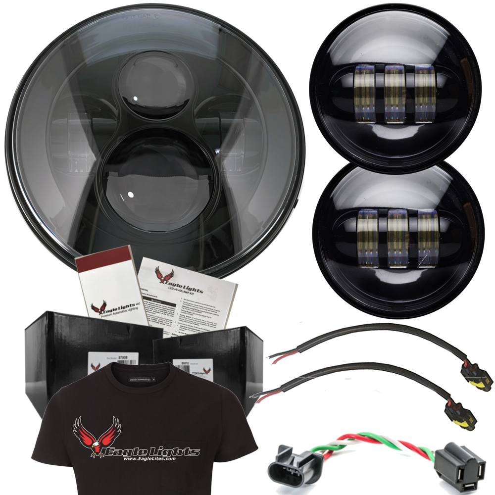 Eagle Lights Black 7" LED Headlight & Passing Light Kit Harley replacement