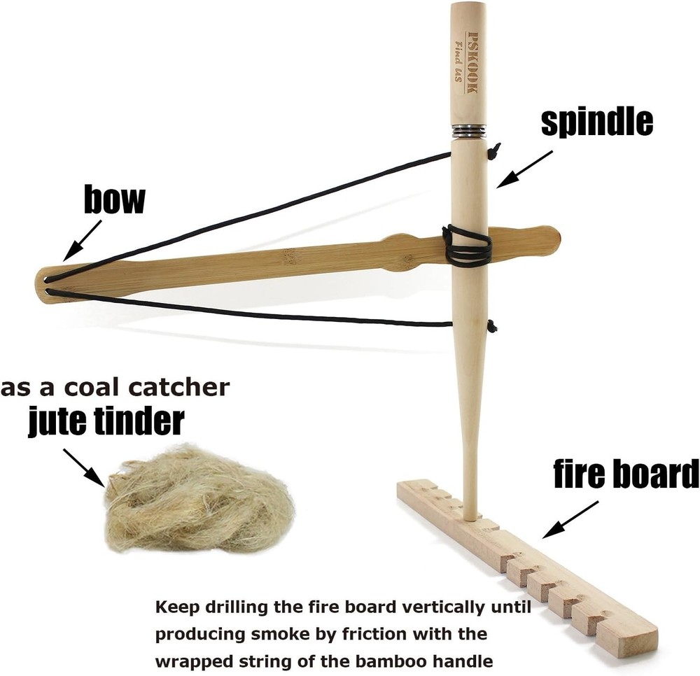 Survival Bow Drill Kit with Jute Tinder - Efficient Fire Starter for Adventures