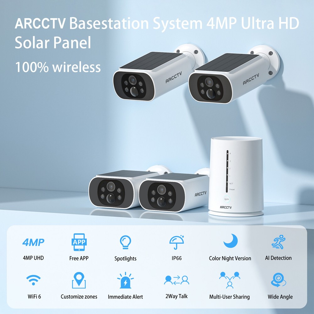 ARCCTV 4MP Solar Security Camera System Wireless Outdoor Cameras Battery Powered