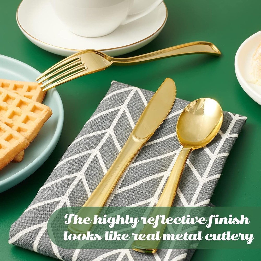 FOCUSLINE 75 Pack Gold Plastic Silverware Disposable Cutlery