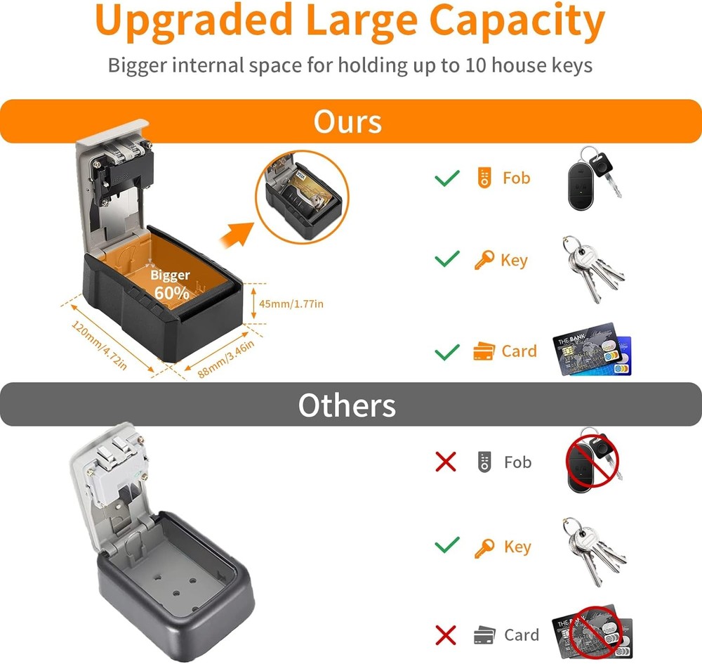 UPGRADE Extra Large Capacity Key Lock Box, Weatherproof Wall Mount Grey