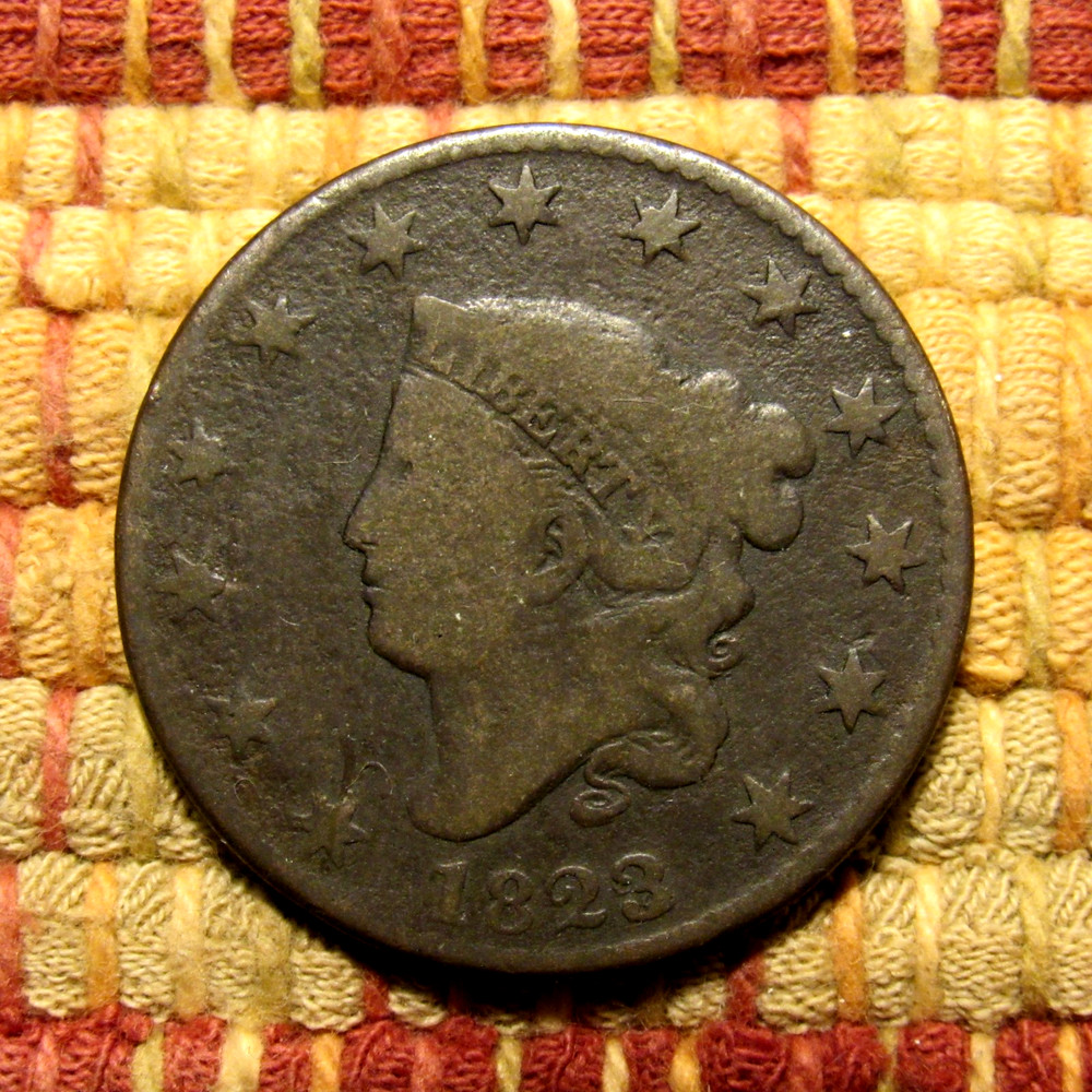 1823/2 CORONET LARGE CENT, VG ~ KEY DATE, PLEASING ISSUE-FREE ORIGINAL EXAMPLE