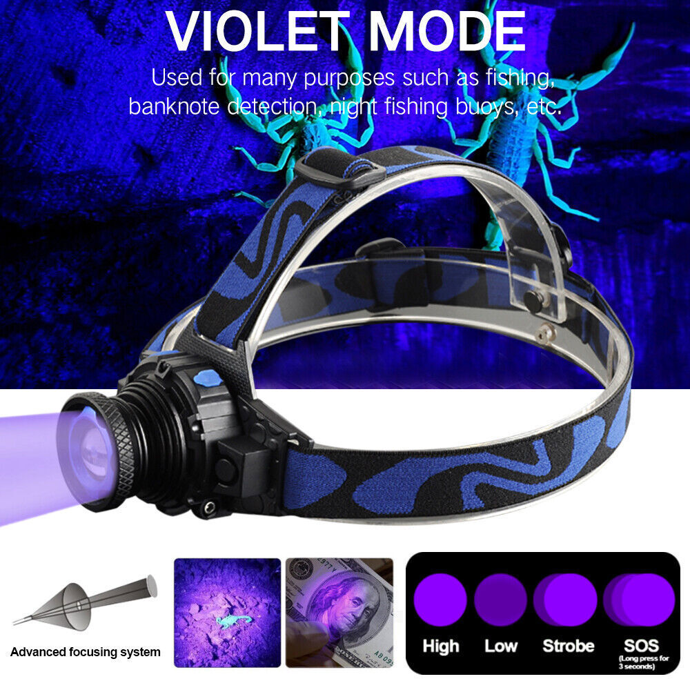 Blacklight UV LED Headlamp Flashlight Head Light+Build-in Rechargeable Battery