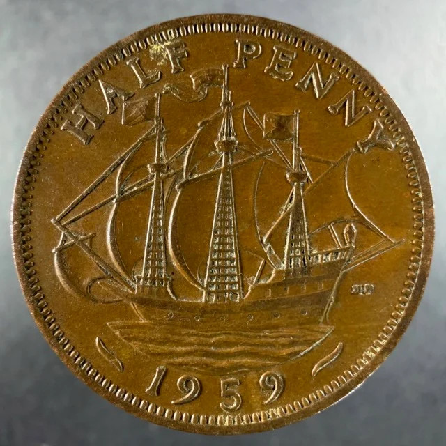1959 Great Britain Half Penny Bronze Golden Hind Choice Example