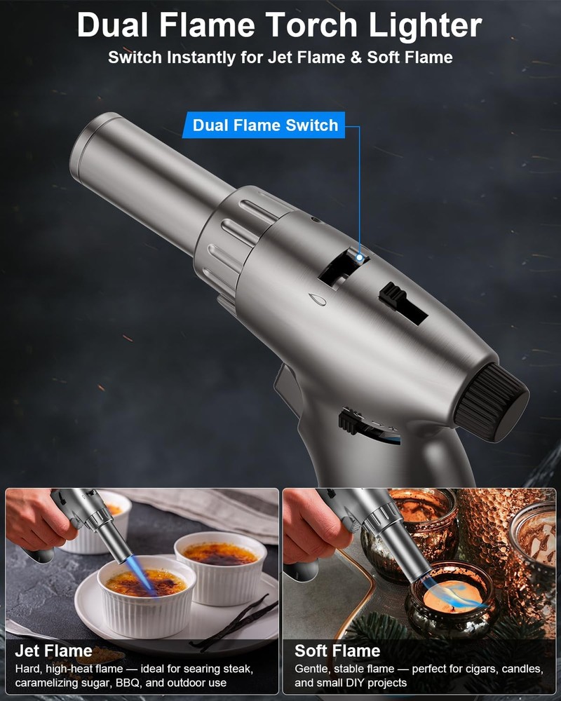 Lamsen Dual Flame Butane Torch Lighter, Refillable Mini Grey & Blue