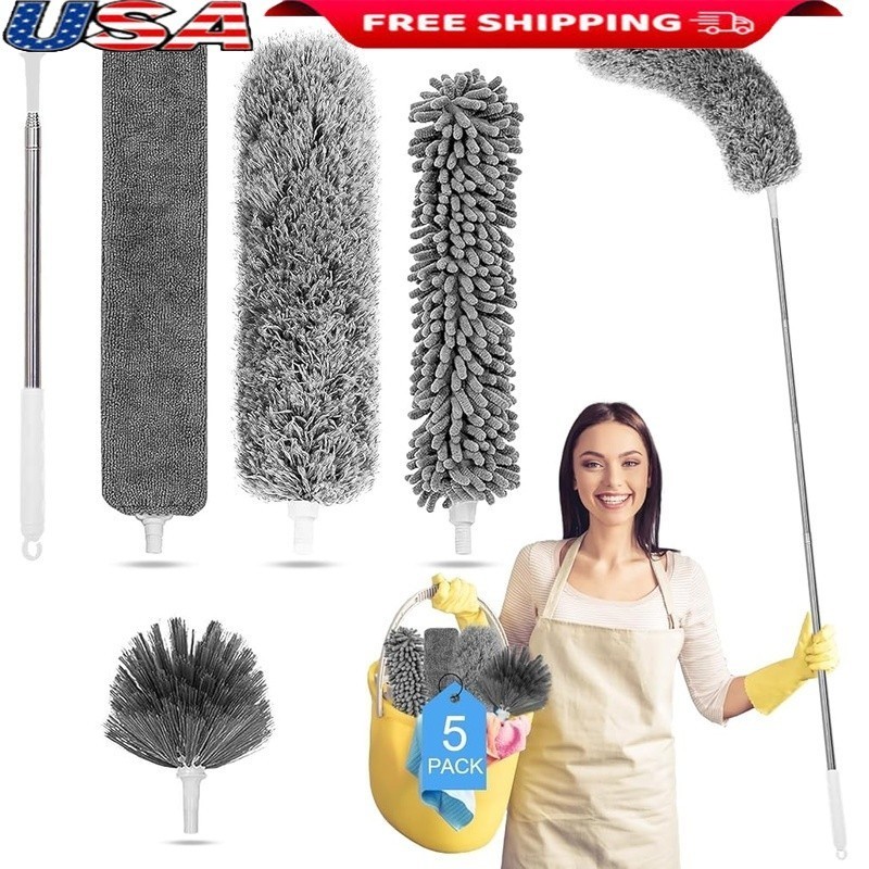 5PCS Extendable Feather Duster Kit Microfiber Dusting Tools High Ceilings New