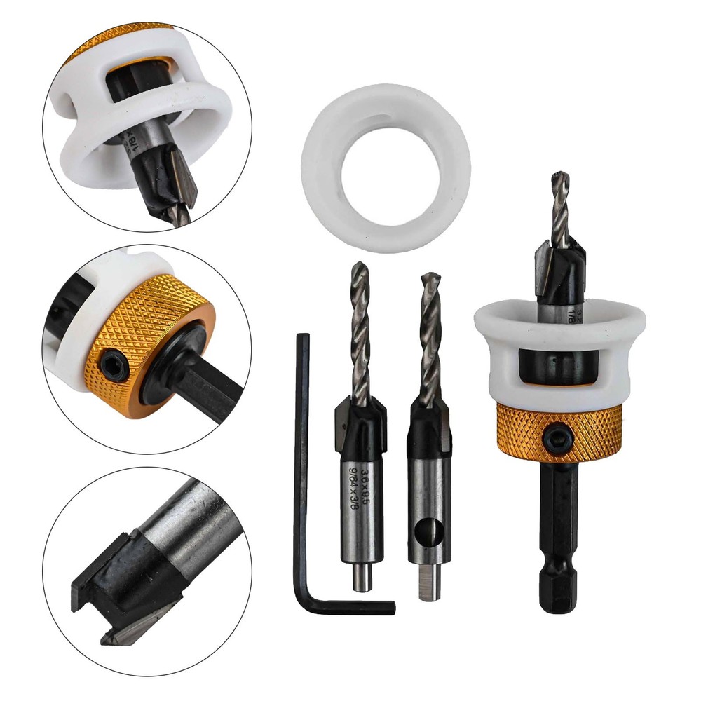 Replaceable Countersink Drill Bits Set of 3 with Adjustable Depth Feature