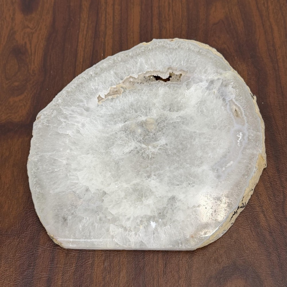 White Quartz Geode Slice Slab Crystal Stone Natural Tabletop Decor Display