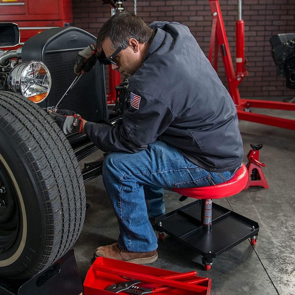 Durable Heavy-Duty Steel Workshop Stool: Swivel Casters & Adjustable Height, Red