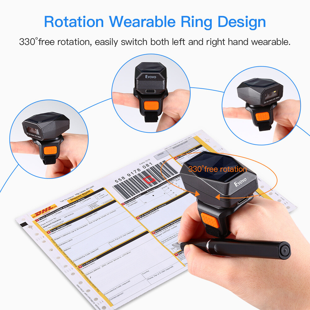 Eyoyo Wearable Ring Barcode Scanner 1D 2D QR PDF417 Data Matrix Code POS Reader