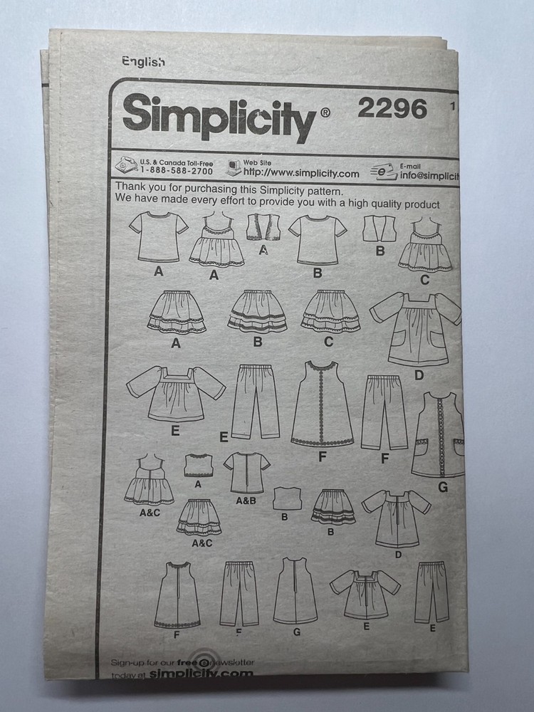 Simplicity Sewing Pattern 2296 18" Doll Clothes Partly Cut Complete
