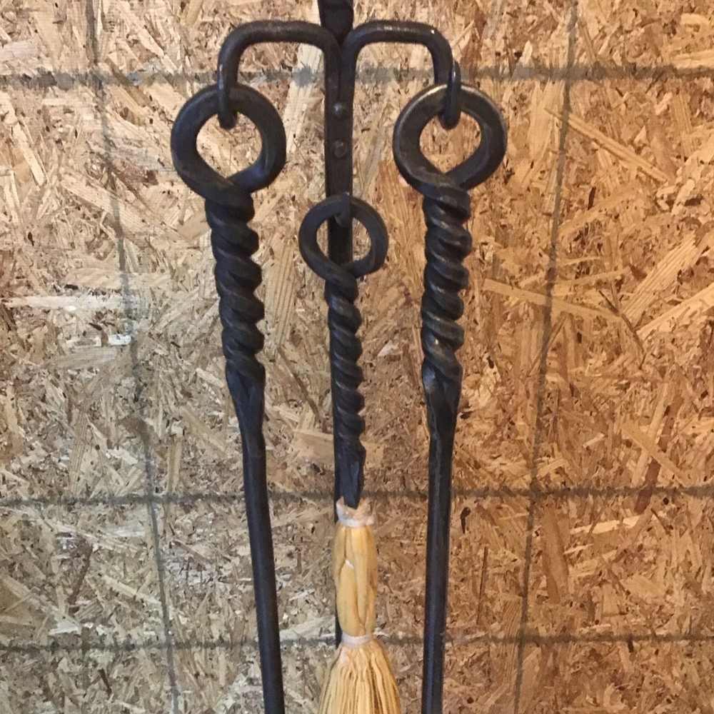 Fire place tool set, three piece with stand hand forged