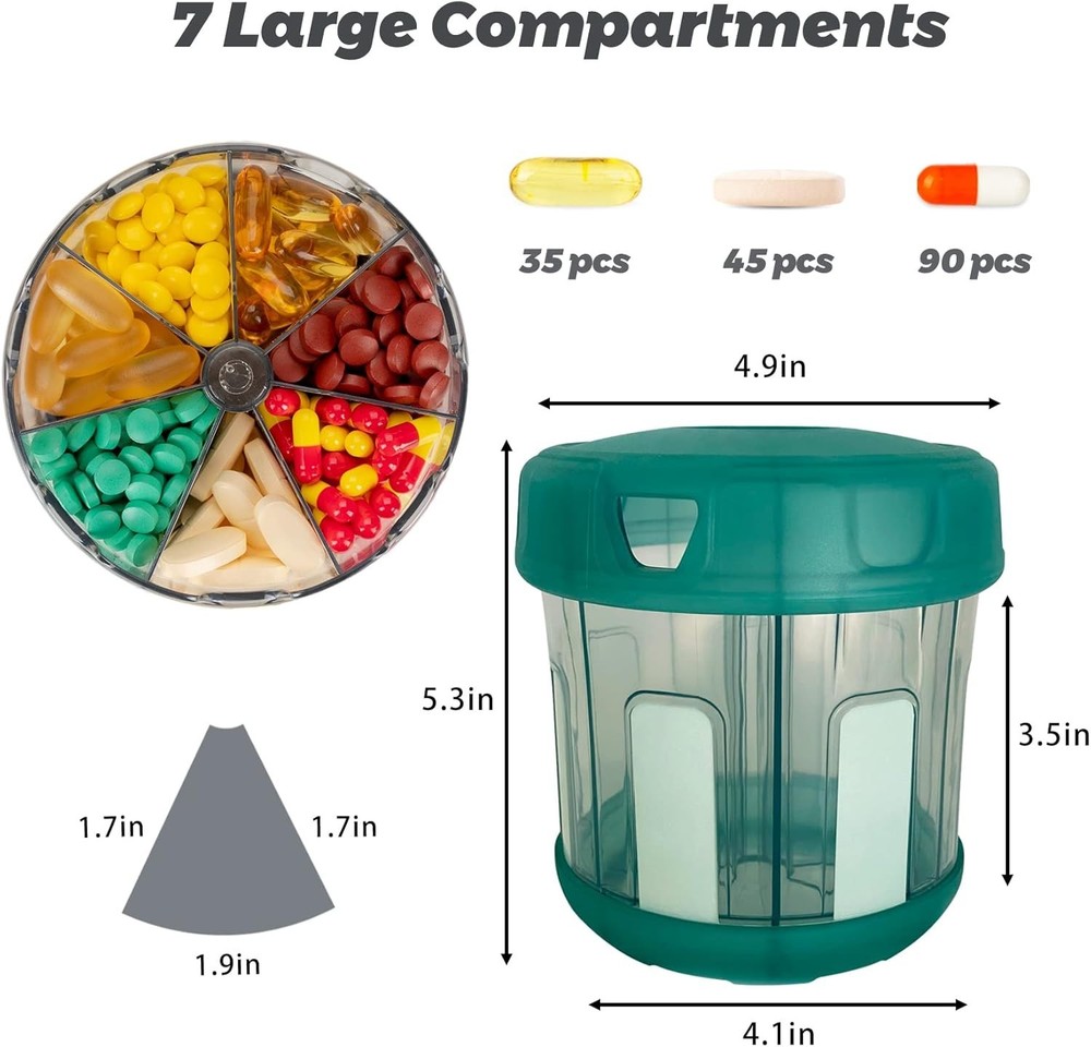 Extra Large Supplement Organizer with XL 7 Large Compartments, TPU Soft Lid E...