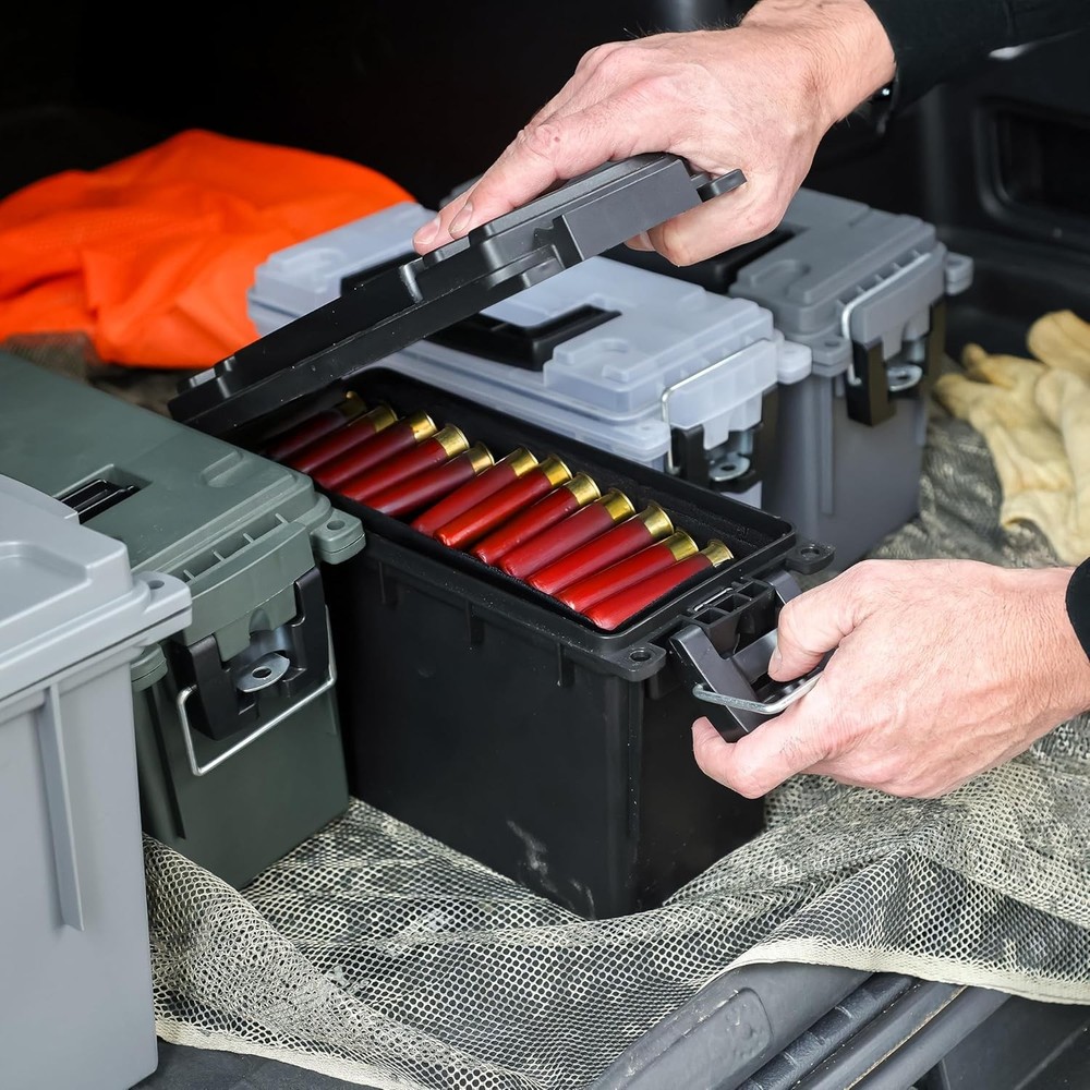 Stackable ammo storage box with lock.