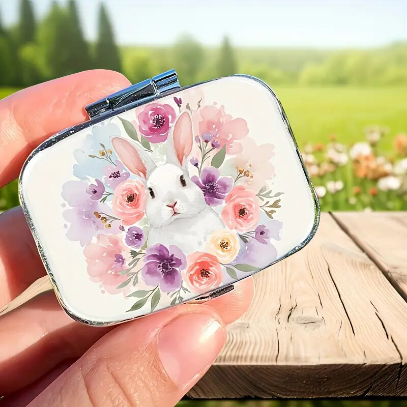 Pink Floral Rabbit Design Metal Pill Box - 2 Compartment Portable Size