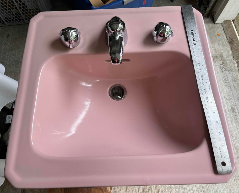 1954 Crane Pink Bathroom Sink - Drop-In - Atomic Chrome Knobs - Square Corners!
