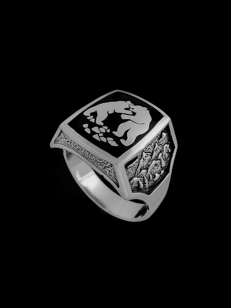 Fighting Bear Ring • 925 Sterling Silver • Mountain Scene