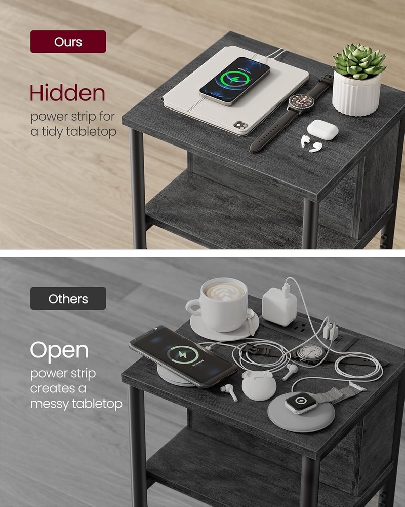 Side Table W/ Charging Station 3-Tier End Table W/ USB Ports & Outlets