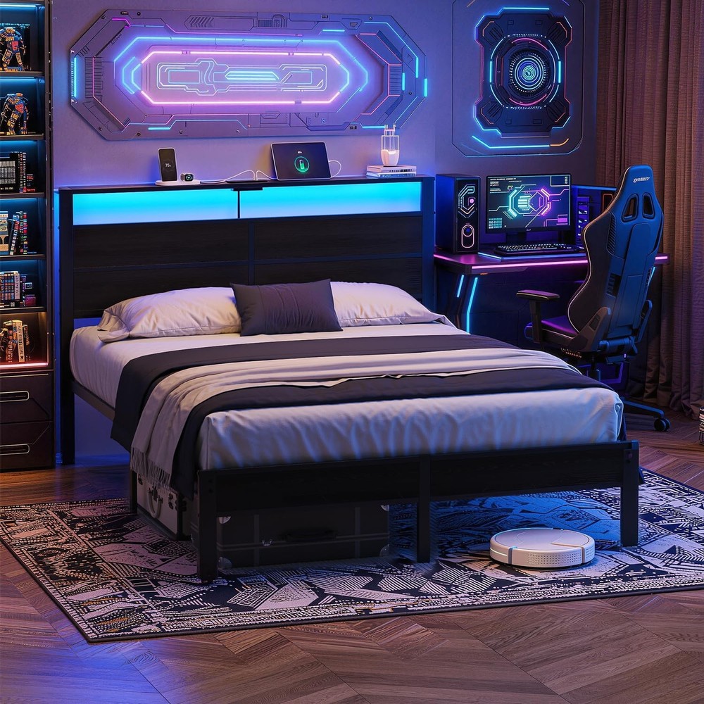 Queen Size Bed Frame with LED Lights, USB Type C Charging Headboard, Black Me...