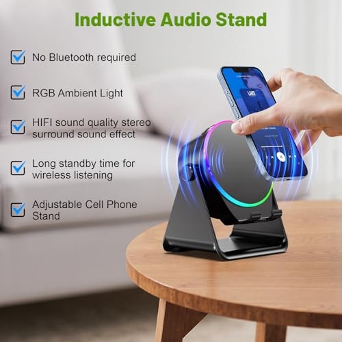 Wireless Induction Speaker, Phone Stand with Bluetooth Speaker Amplifier, Black