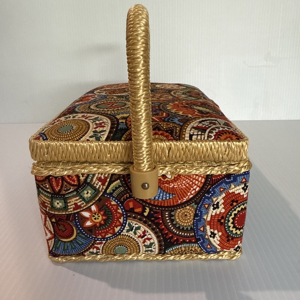 Sewing Basket Fabric Covered Rectangular Straps Handle Plastic Insert