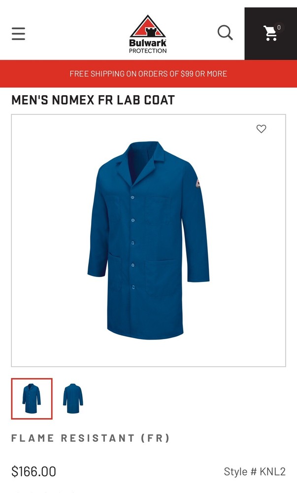 Bulwark Workrite Lab Coat FR Nomex Size L Royal Blue