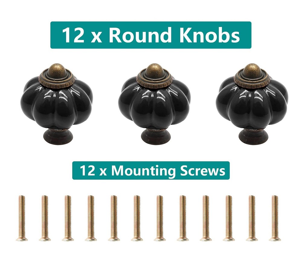 12pcs Black Vintage Ceramic Cabinet Knobs and Drawer Pulls with Mounting Screws