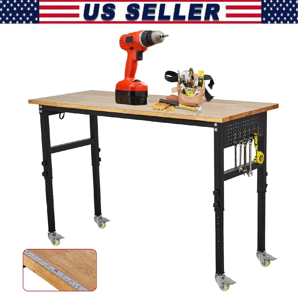 60" Adjustable Workbench 2000Lbs Work Bench Table with Casters & Power Outlets